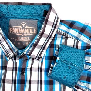Panhandle Tuf Cooper Performance Shirt XL Turquoise Plaid Vent Western Flip Cuff